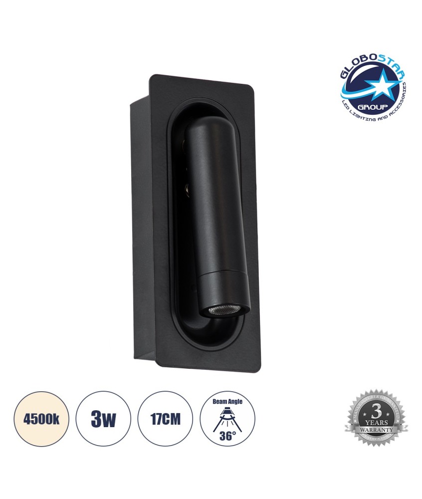 GLOBOSTAR® MANHATTAN 61097 Μοντέρνο Φωτιστικό Τοίχου - Απλίκα Ξενοδοχείου Reading Light LED 3W 405lm 36° AC 220-240V IP20 Φυσικό Λευκό 4500K - Bridgelux COB Chip & TÜV SÜD Driver - Μαύρο - Μ7 x Π7 x Υ17cm - 3 Χρόνια Εγγύηση